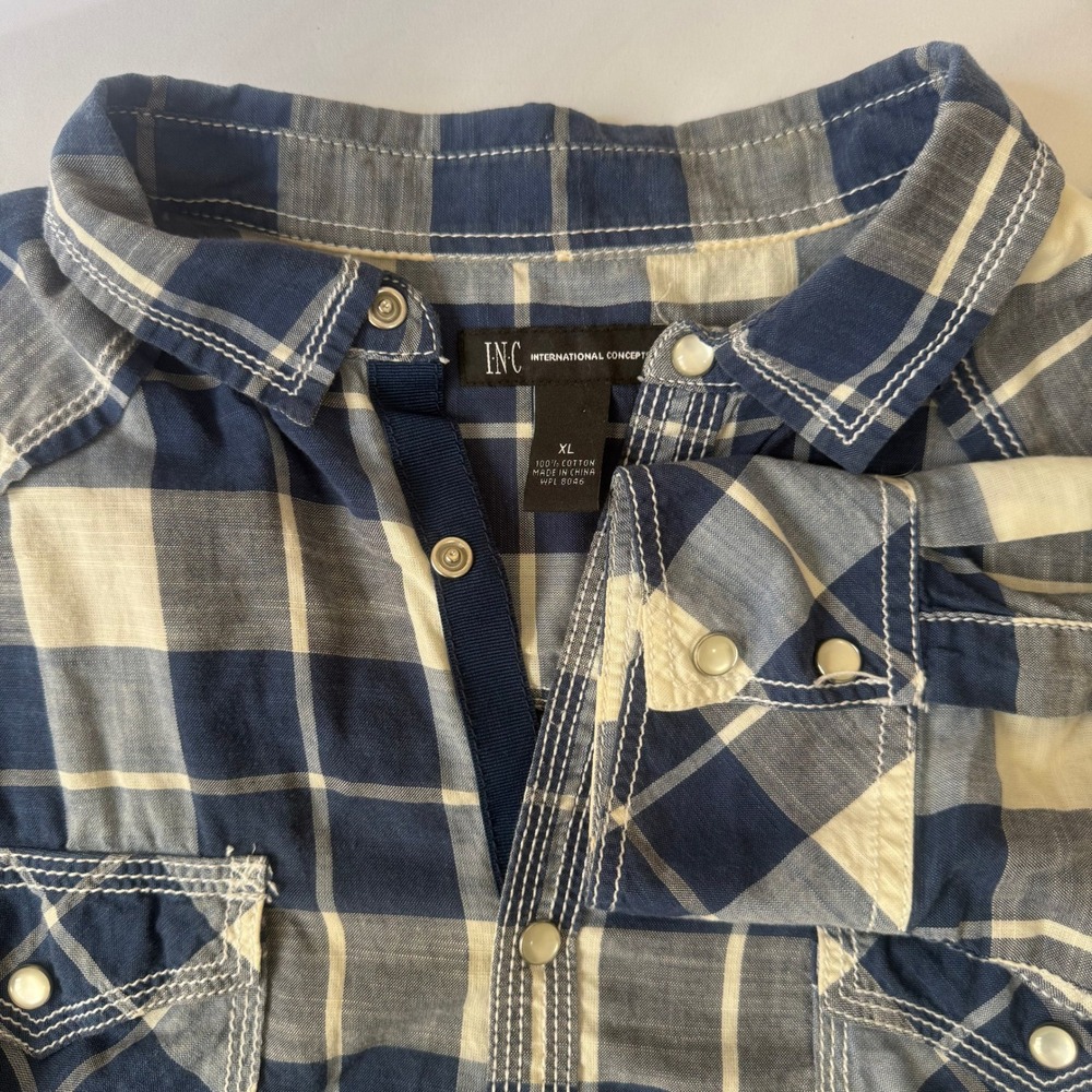 INC International Concepts Mens Plaid‎ Button Down Shirt Blue Cream XL Cotton